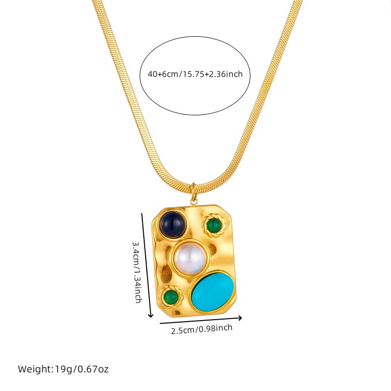 European and American cross-border fashion gold-plated, turquoise and pearl square pendant stainless steel collarbone necklace Application Scenario