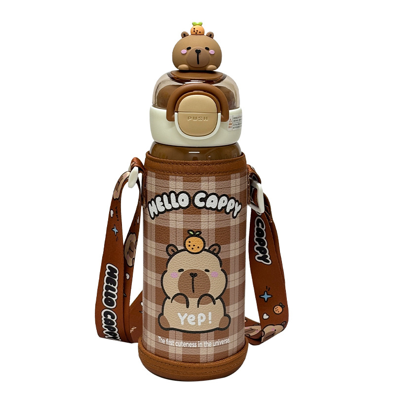 The cute Kapi Barraga-patterned insulated cup has a lockable and adjustable cup string, making it a portable double drinking cup Item Picture
