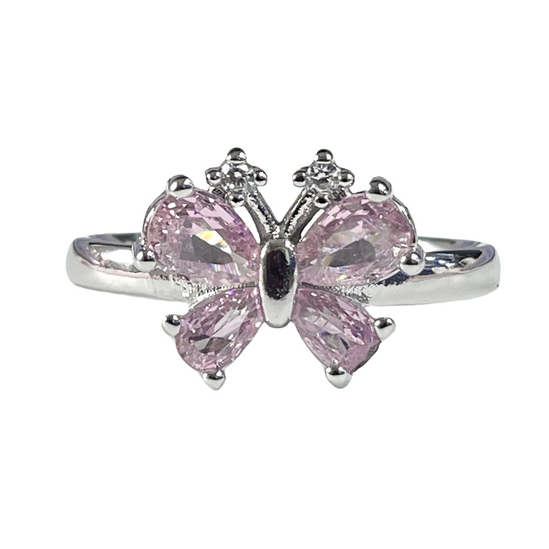 Princess-style, niche and sweet pink diamond crown butterfly opening ring, girlish charm, light luxury, layered and exquisite index finger ring Item Picture