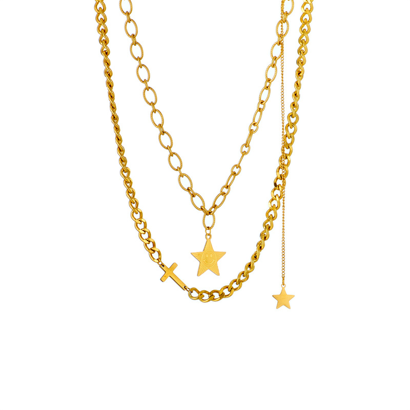 A new retro collarbone chain metal titanium steel double-layer chain cross five-pointed star pendant necklace from Europe and America Item Picture