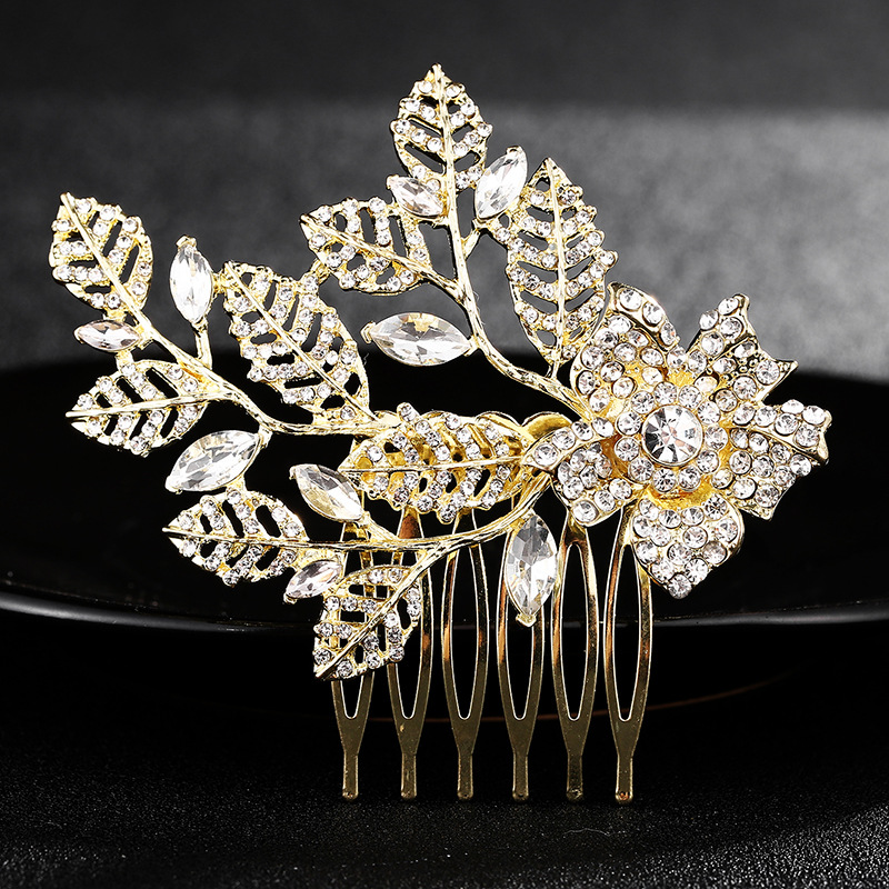 Mianino accessories, leaf flower side comb, European and American simple style hair comb, insert comb, alloy rhinestone bridal hair accessory Specification drawing
