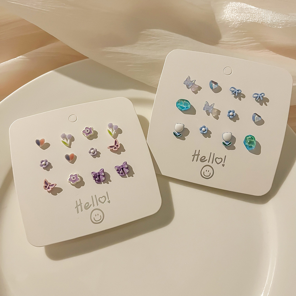 Summer new green flower ear stud set, cute silver needle, small and exquisite, fresh style earrings, ear bone stud for women details Picture