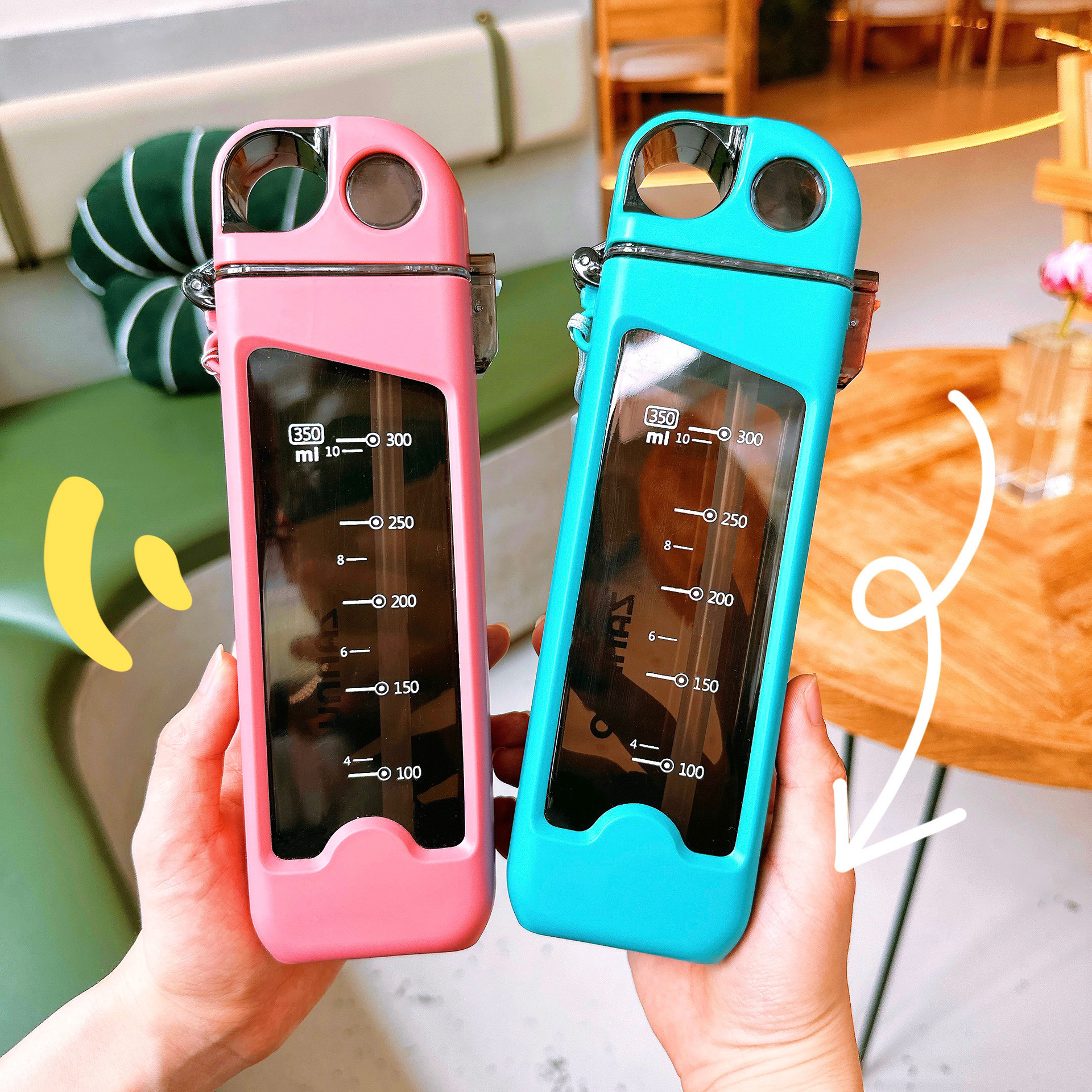 Square trendy plastic cups, sporty, fashionable and personalized straw cups, portable for couples, high appearance level, fitness cups with scales full figure