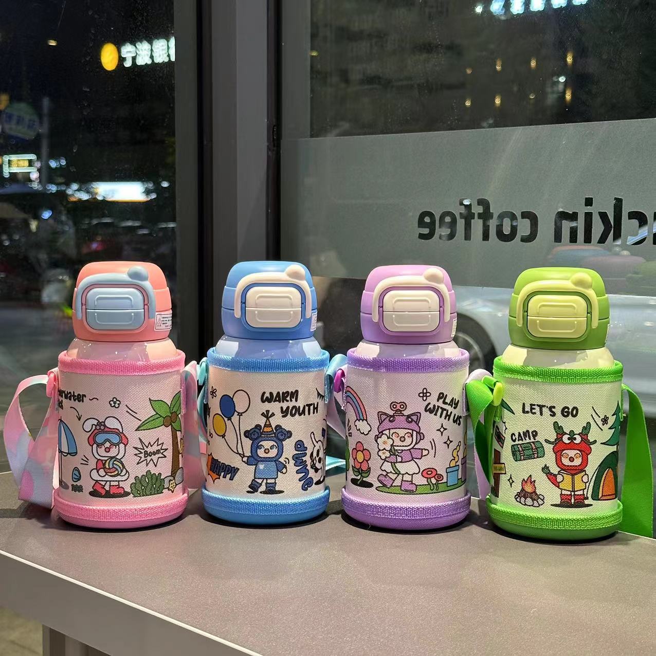 New 316 stainless steel insulated cup, large-capacity cartoon double-drinking straw, cute and portable large-bellied cup for students to go to school full figure