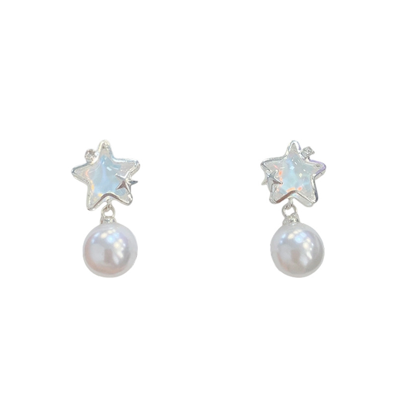 Summer copper micro-inlaid ocean shining star earrings, women's silver needle, fresh and delicate pearl, niche and light luxury design earrings Item Picture