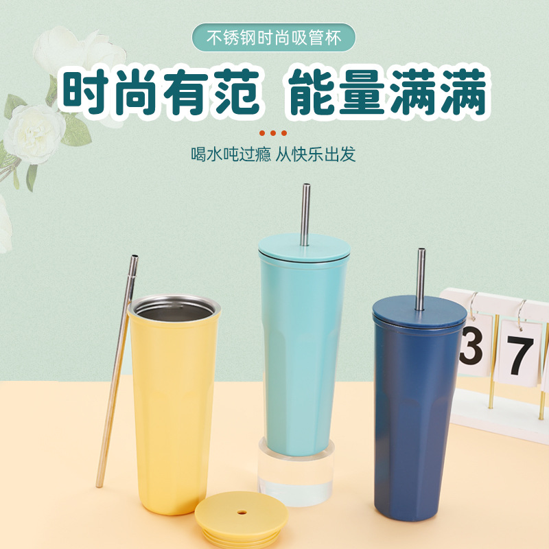 Customized 304 stainless steel insulated cups, portable car vacuum coffee cups, and creative office portable straw cups details Picture
