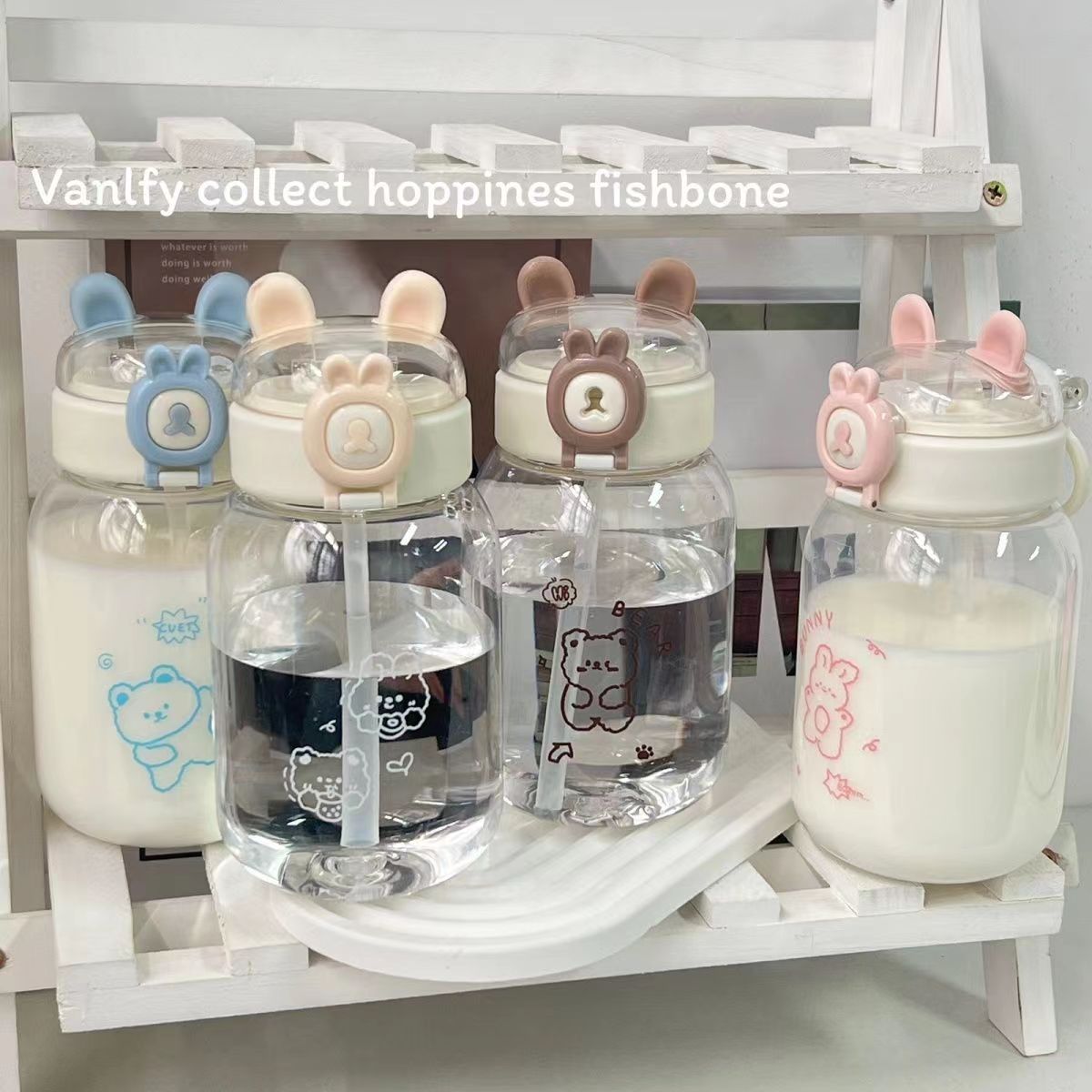 Cute bear head lid, rabbit milk, plastic cup, large-capacity portable, girlish straw cup, anti-drop cartoon water cup details Picture