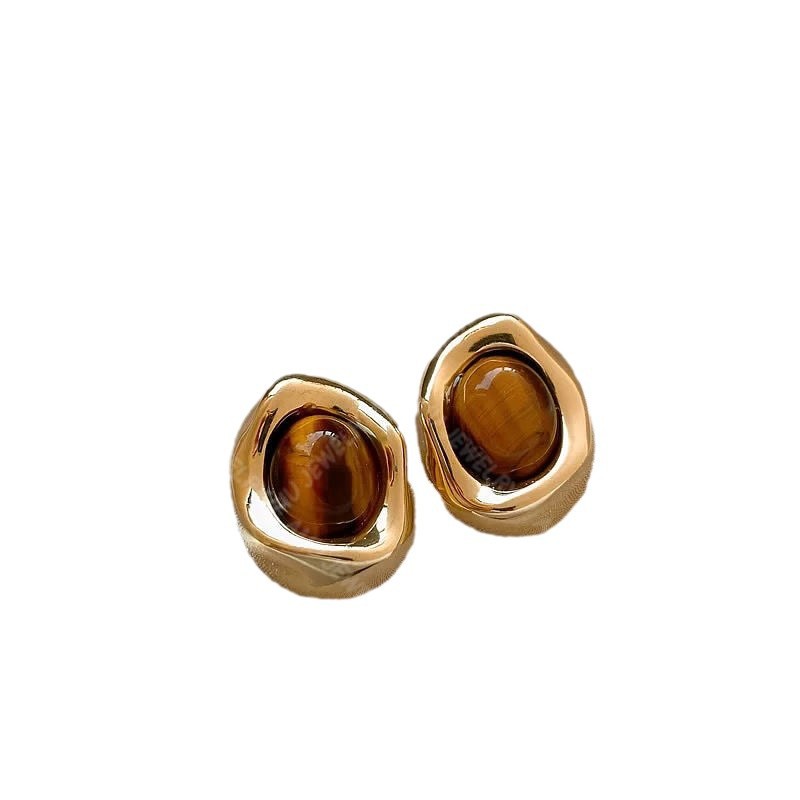 Zhao Lusi's leopard print circle earrings, women's retro tiger's eye stone exaggerated stud earrings, 2024 new bestseller earrings Item Picture