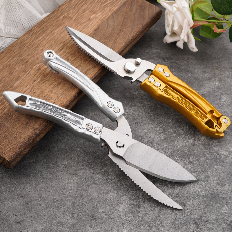 Stainless steel camping multi-functional scissors, powerful bone cutting, fish scale scraping, automatic rebound, detachable scissors, outdoor knives details Picture