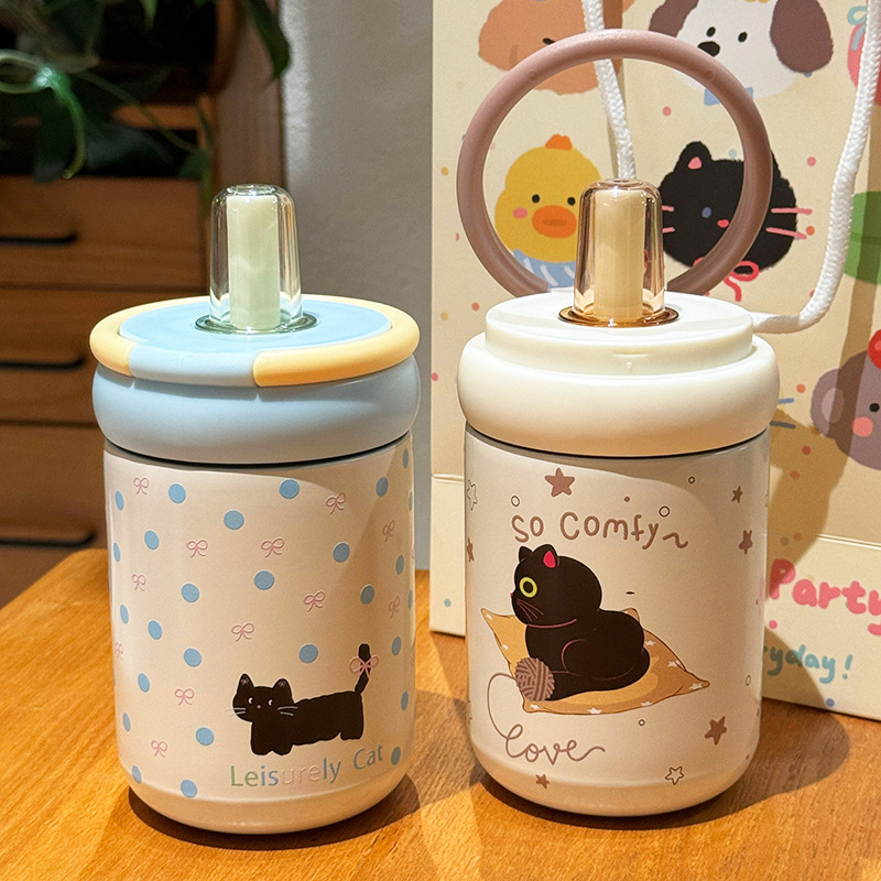 Cute little cat drinking water thermos cup, simple and elegant, exquisite and portable, small water cup for girls, stainless steel cup details Picture