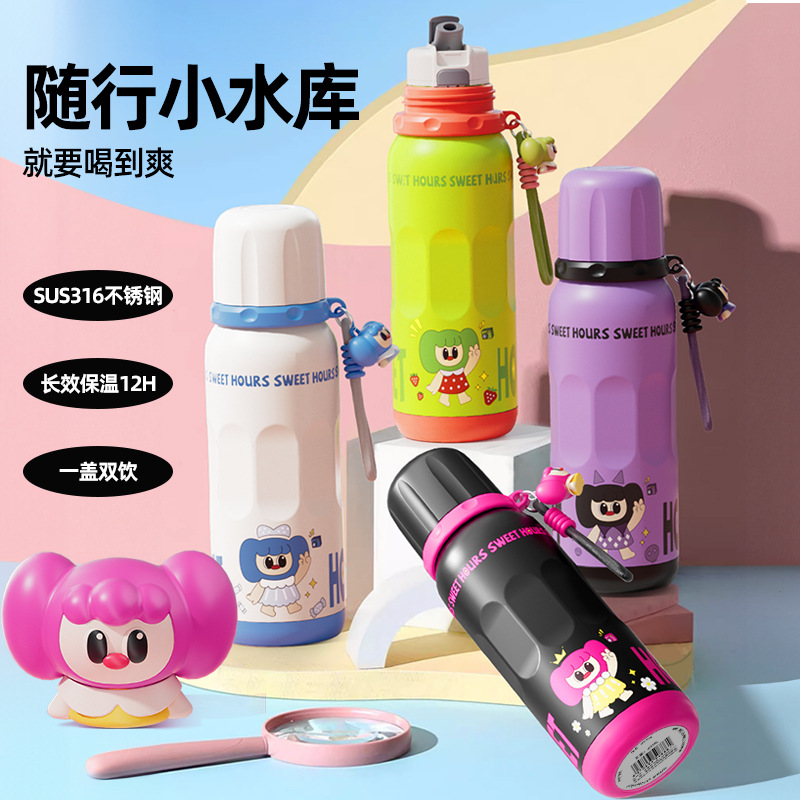 New Candy Girl large-capacity sports water bottle, insulated cup, 316 double-drinking, cold preservation, anti-drop with handle rope, direct drinking cup full figure