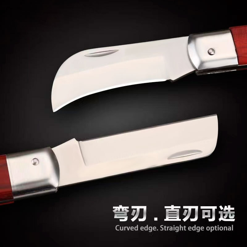 Solid wood electrician's knife, straight blade, curved blade, multi-functional wooden handle, folding knife, outdoor maintenance, cutting, stripping and cable cutting tool details Picture