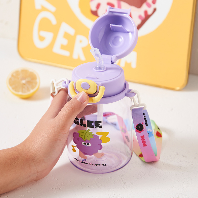 Fuxing Children's cute water cups, cartoon water bottles, outdoor slanted straw cups, summer student portable pop-up lid space cups Specification drawing