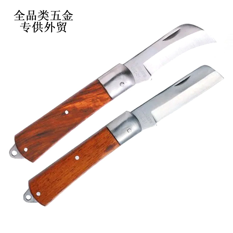 Multi-functional electrician's knife, old-fashioned wooden handle folding electrician's knife, cable stripping knife, straight-edge stripping knife, curved edge wire pulling knife full figure