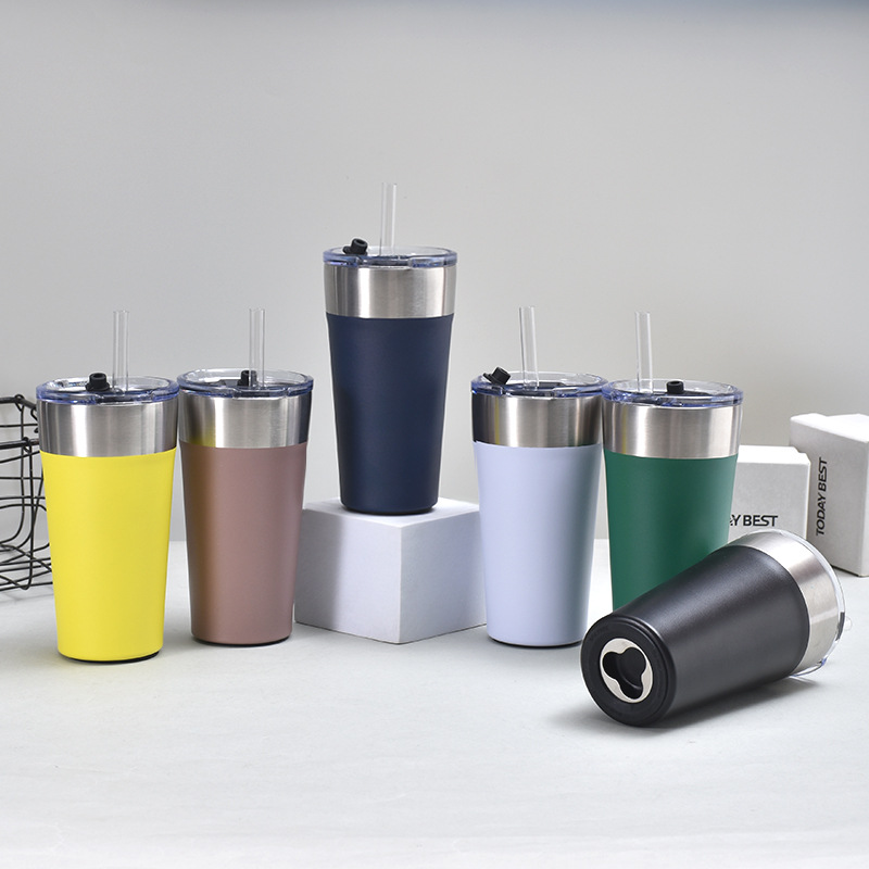 The new second-generation cross-border beer mug, stainless steel car cup, with a built-in bottle opener, straw, beer mug and insulated cup at the bottom Specification drawing