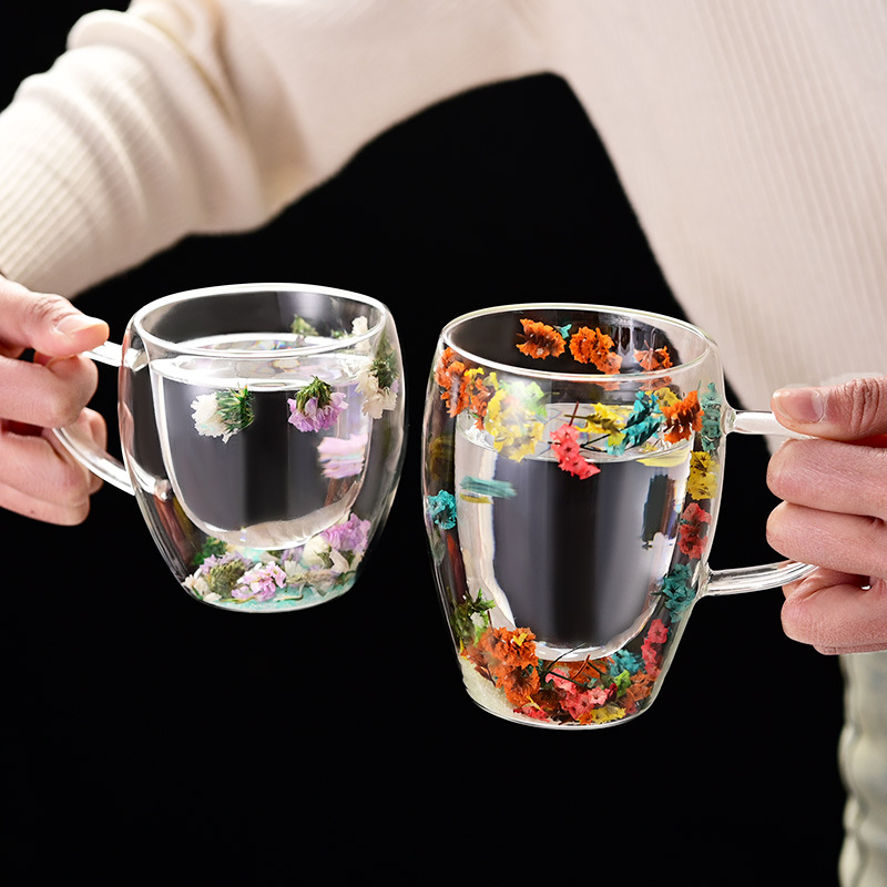 Customized double-layer glass cups with handles, high appearance level, coffee cups, milk water cups, high-temperature resistant household water cups details Picture