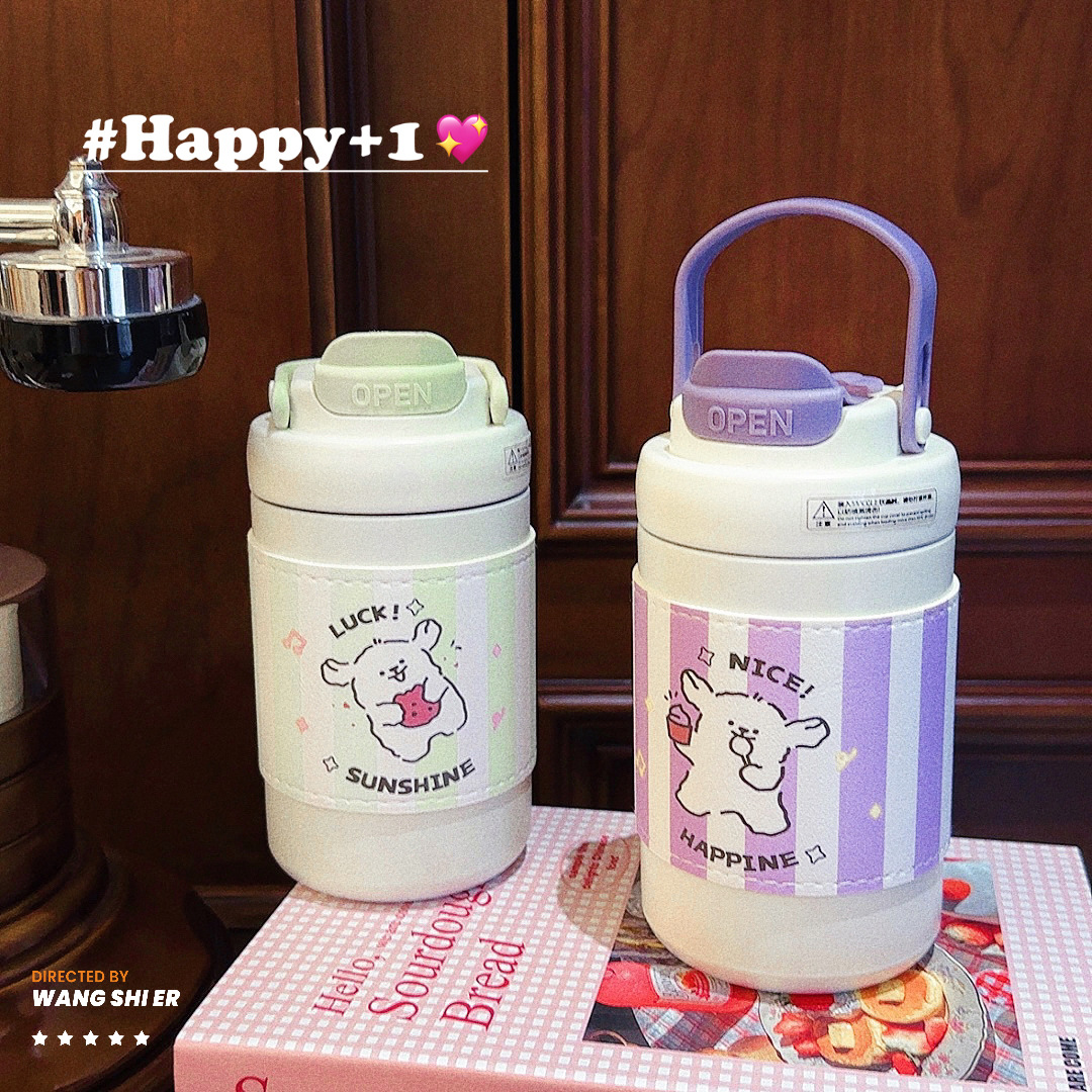 Cute puppy double-drinking insulated cup, portable, high appearance level, straw cup with leather cover, stainless steel tea brewing hand-held water cup Specification drawing