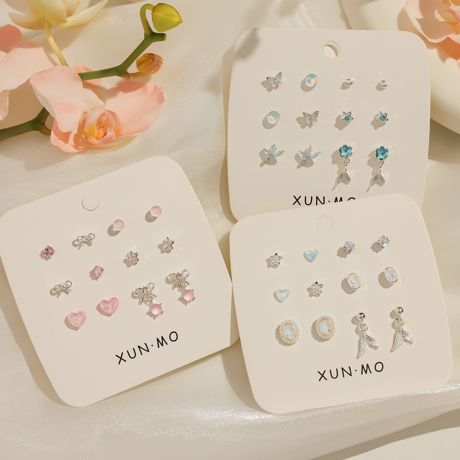 Summer light blue Aurora Exquisite Silver needle Stud one-week set, versatile and elegant earrings, clear and transparent ocean earrings for women full figure