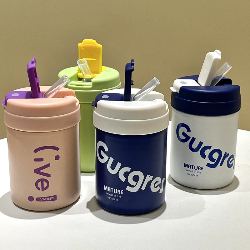 Ins-style insulated cup with straw, double drinking cup, high school girls' appearance level coffee cup, simple and portable cup with stickers included Specification drawing