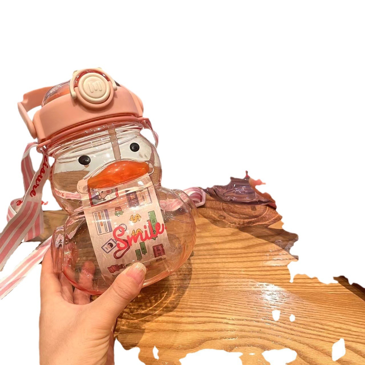 New duckling straw cup, summer children's cute cartoon large-capacity, big-belted cup 1100ML portable plastic water cup Item Picture