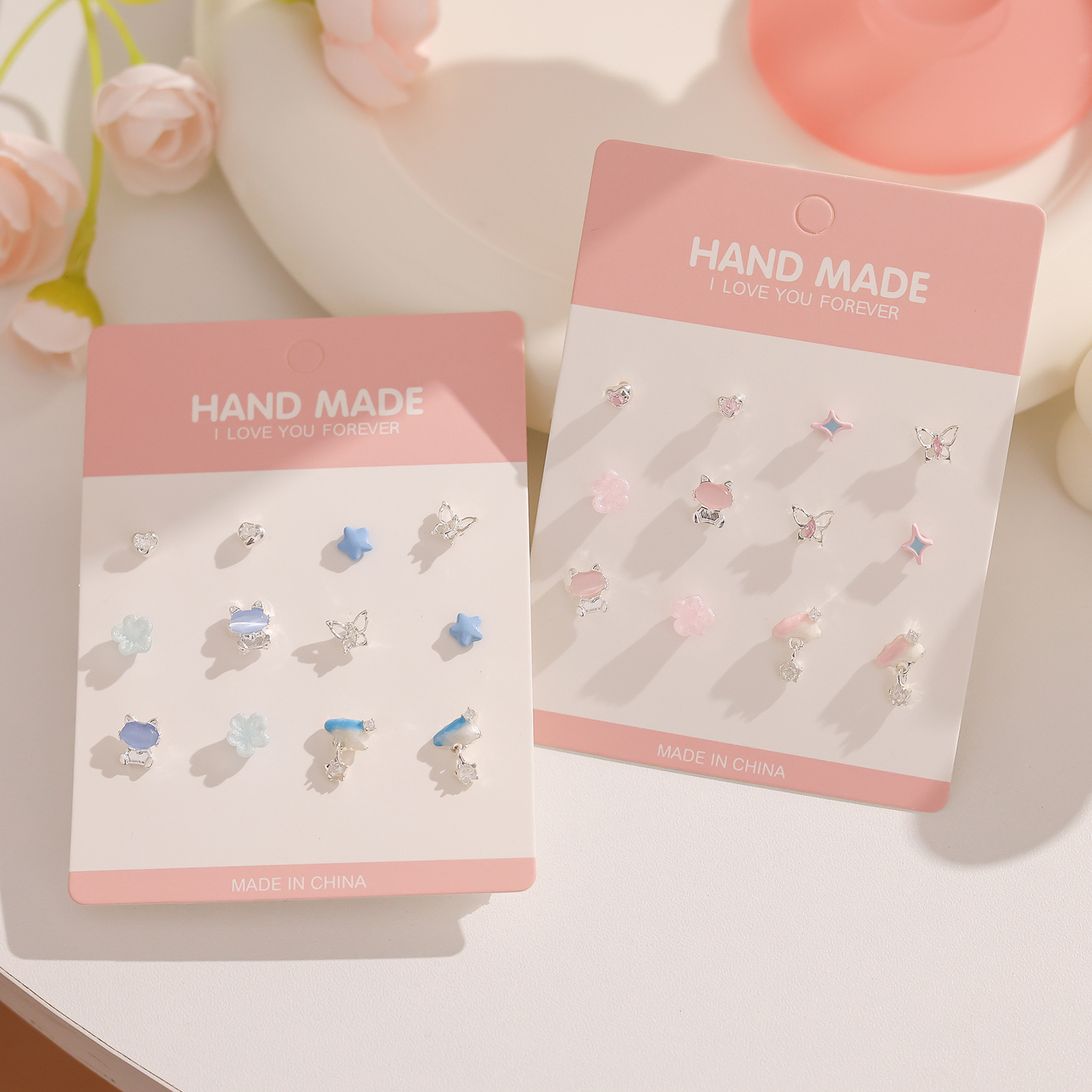 Basic Butterfly Daily One-week stud Women's Set Silver needle Pink shiny, sweet and cute, small student earrings trend full figure