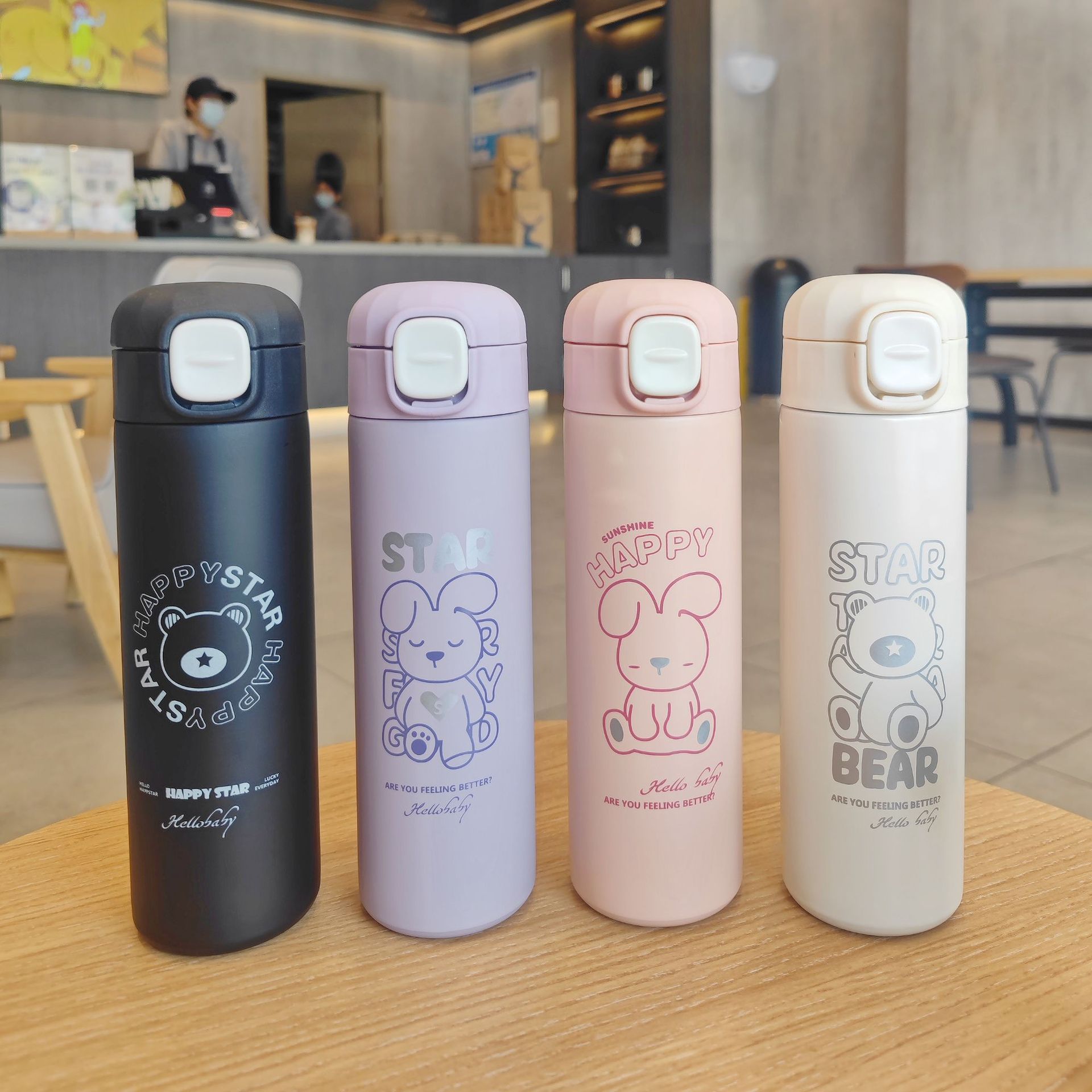 Simple cartoon insulated cup for direct drinking, water cup for male and female students, couple portable, high appearance level, pop-up lid stainless steel portable cup details Picture