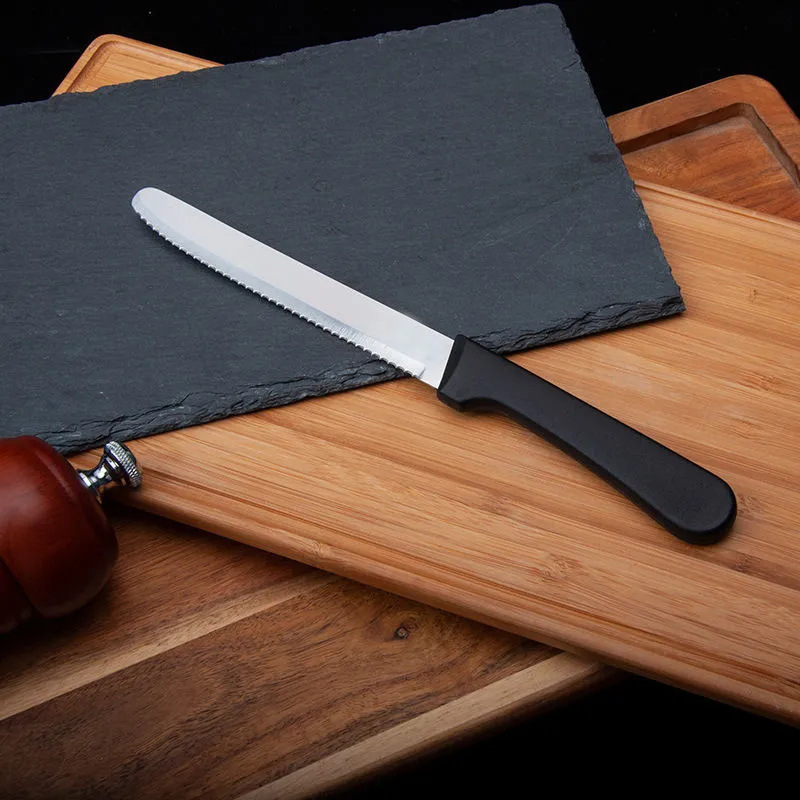 Stainless steel steak knife, black plastic handle, steak knife, fine serrated knife, steak knife, Amazon Specification drawing