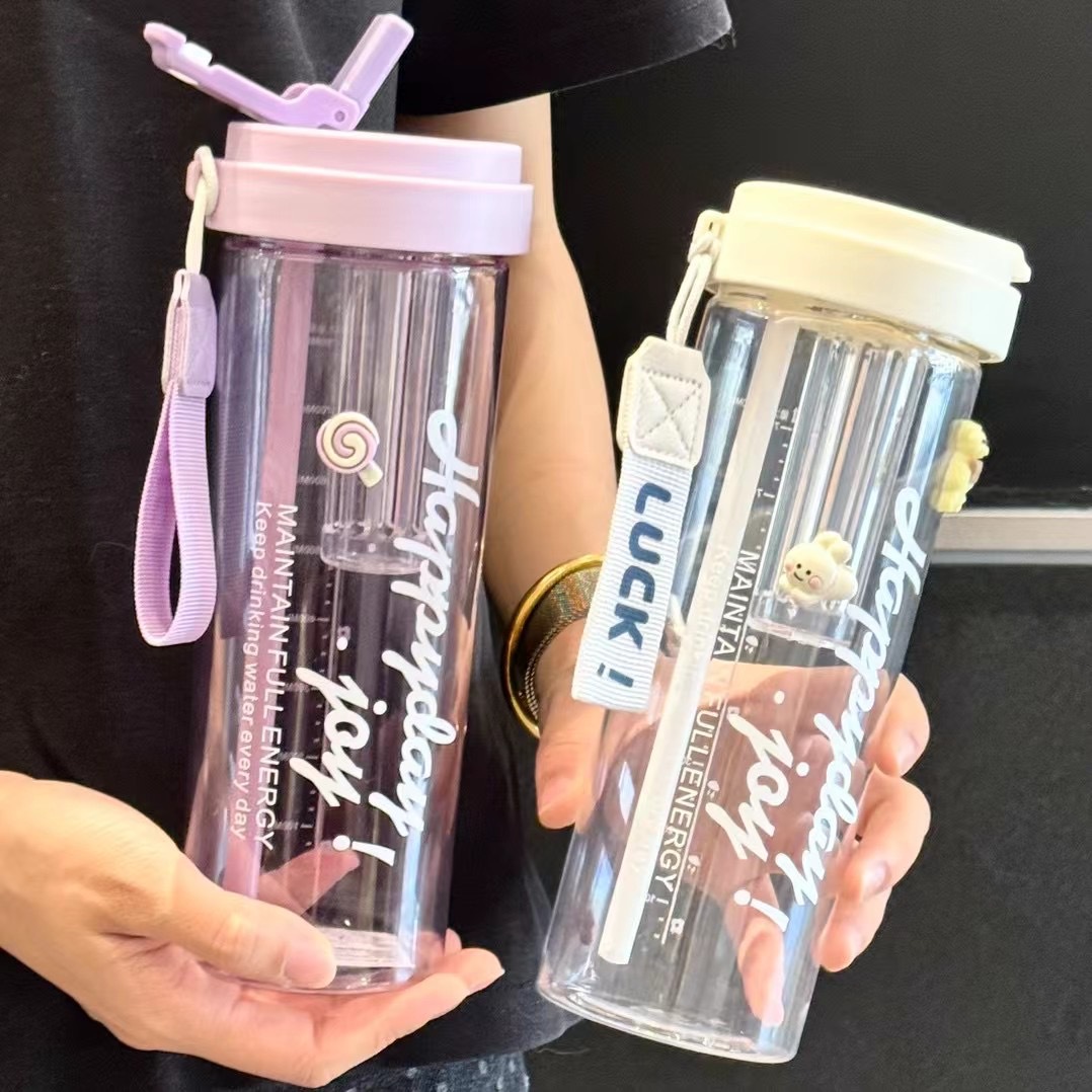 High-quality appearance level flower tea plastic cup, women's double-drinking straw cup, food-grade large-capacity internet-famous cup, creative and portable water cup full figure