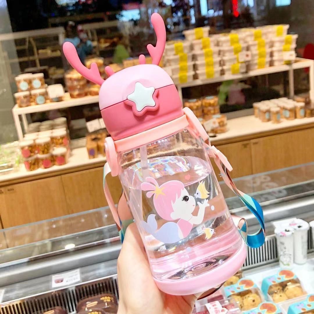 Children's straw cup, learning to drink cup, leak-proof and cute antler water bottle for boys and girls, anti-drop portable water cup for primary school students Specification drawing