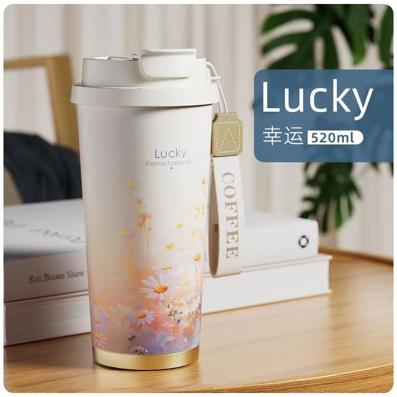 Trendy coffee cup, high appearance level for girls, 2024 new model insulated cup, dual drinking, car travel, large capacity water cup details Picture