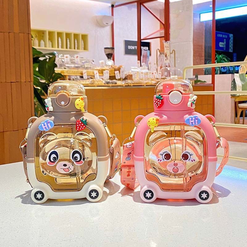 New summer children's water cup with large capacity, cartoon plastic strap, high appearance level, portable magic water bottle bear details Picture