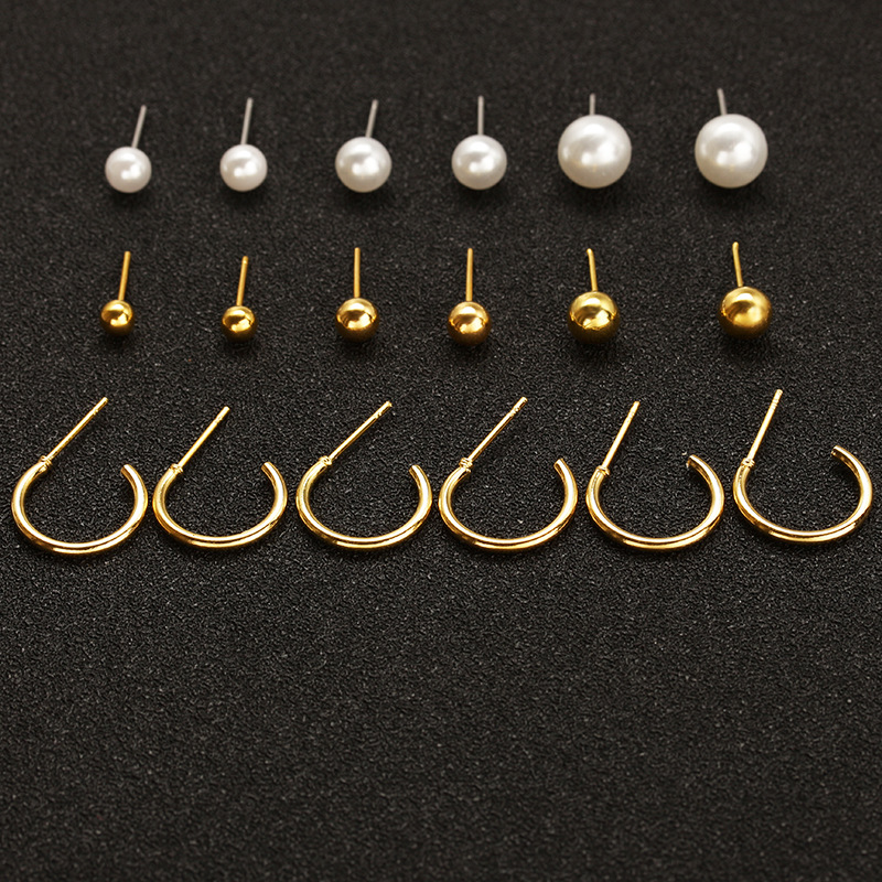 Wholesale of new large and small pearl round stud earrings, personalized U-shaped earrings, 9-pair set of earrings for European and American export Application Scenario