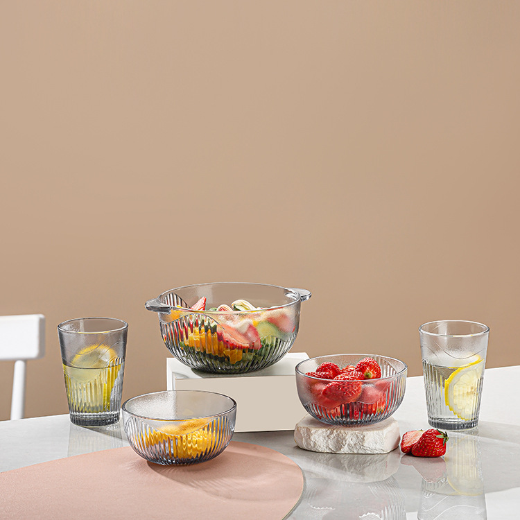 Household lead-free Nordic grey glass salad double-eared bowl, milk cup, rice fruit soup bowl and plate, microwave heat-resistant Application Scenario