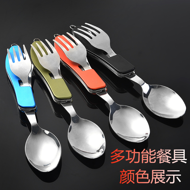 Flat camping tableware, folding knife, fork and spoon set, stainless steel tableware, knife, fork, multi-functional knife, disassemblable and assembly meal Specification drawing