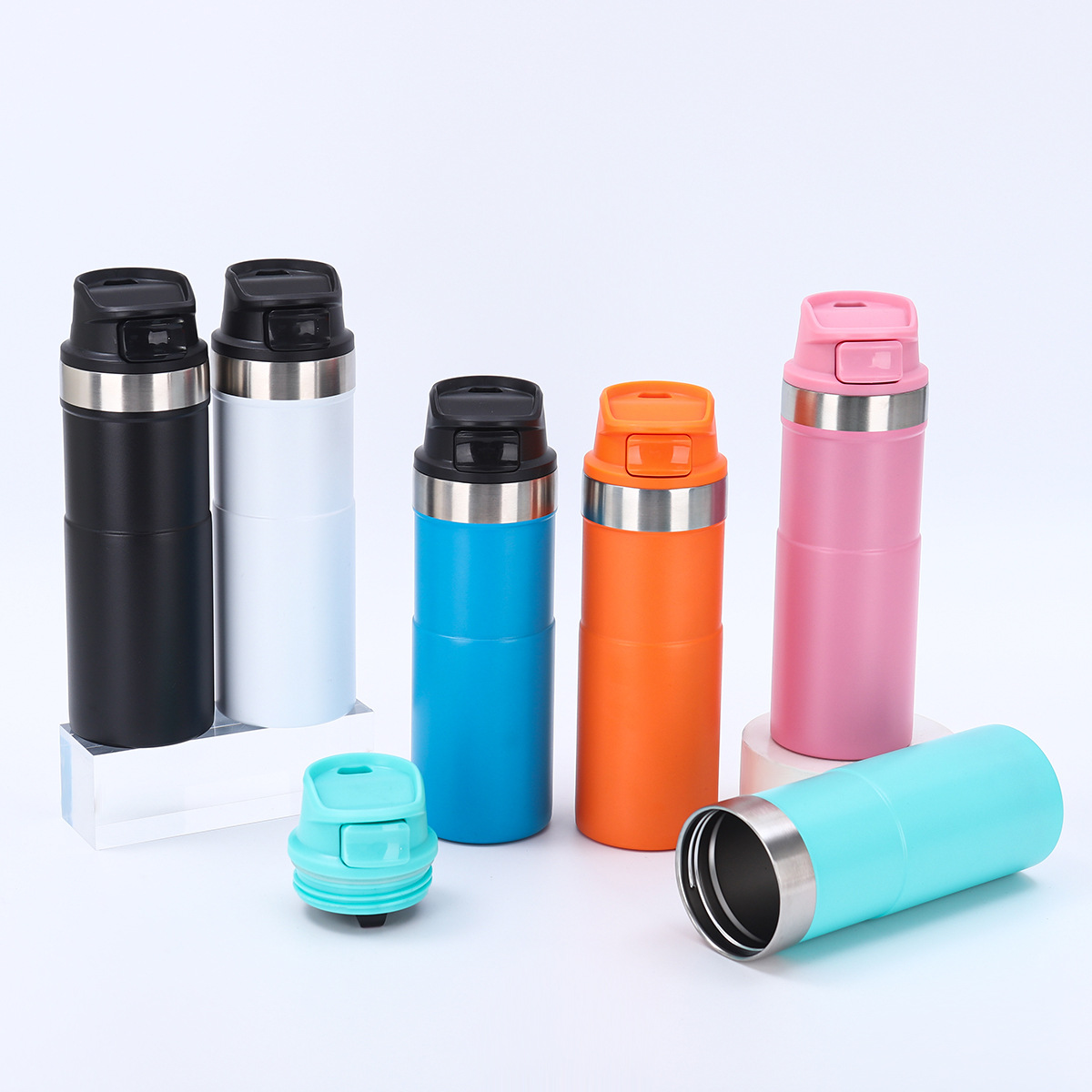 Cross-border 304 stainless steel insulated outdoor mountain climbing and cycling sports water bottle, simple solid color portable cold insulated switch cup details Picture