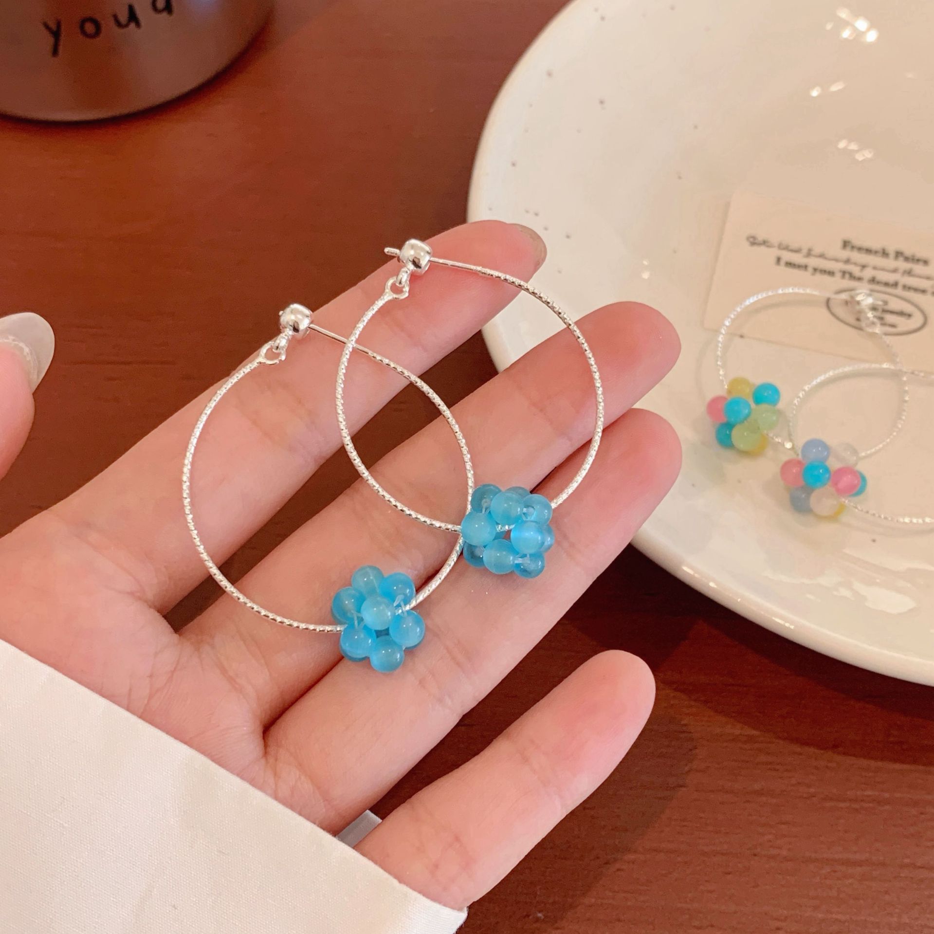 Summer dopamine, fresh and light blue, transparent beaded ear rings, women's exaggerated and high-end style, vacation style earrings Specification drawing