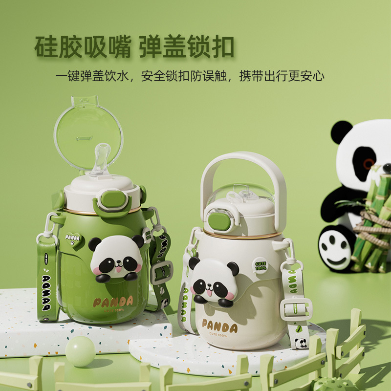Children's water cup, summer school drinking water pot, new season panda straw, large-capacity portable, large-bellied insulated cup details Picture