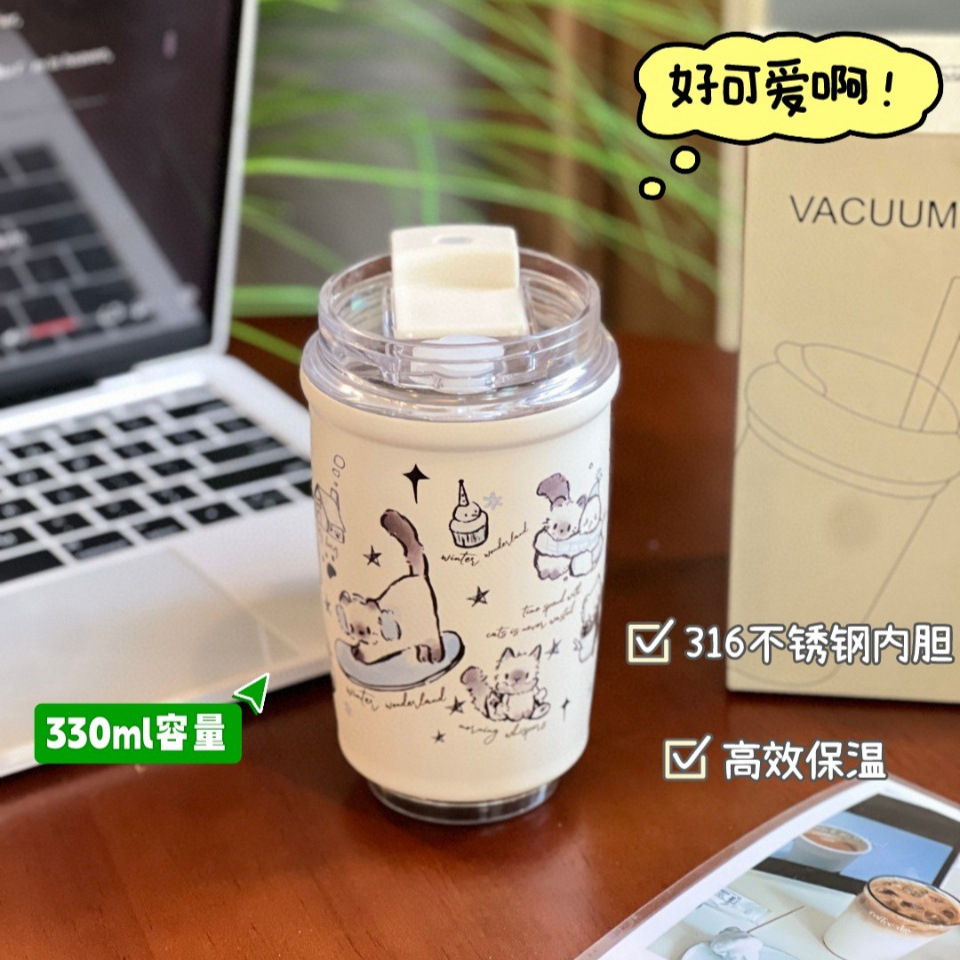 Cute hand-painted winter cat stainless steel insulated cup, cute cartoon high appearance level straw, portable straw water cup details Picture