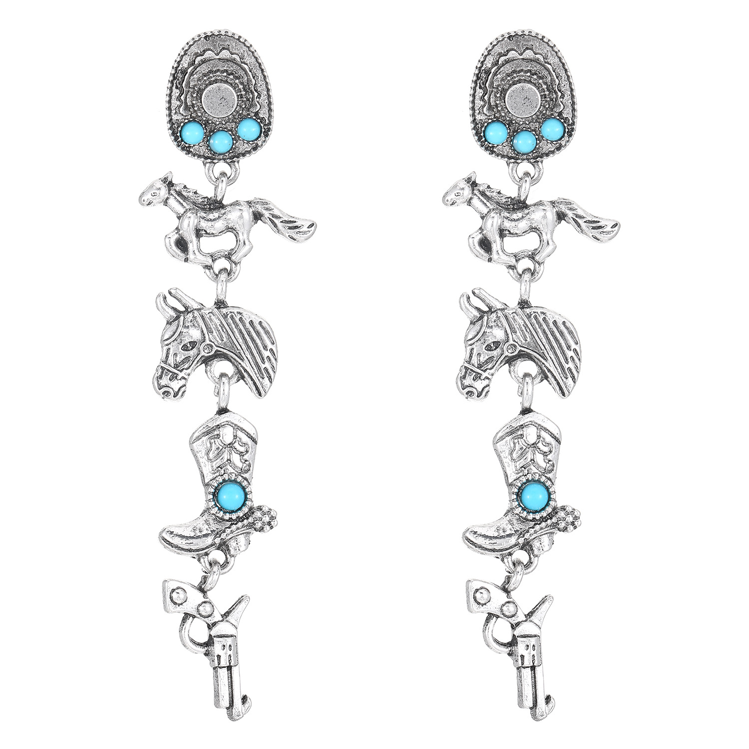 European and American retro ethnic style stud earrings, earrings, cross-border turquoise denim hats, boots, and horse alloy earrings set Item Picture