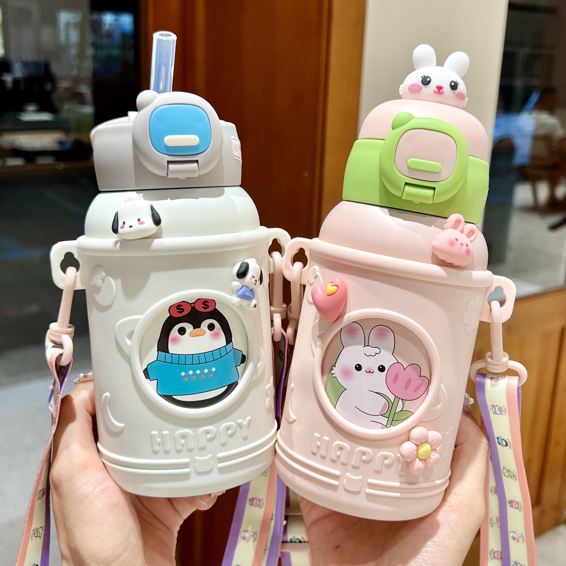 New children's water cup, stainless steel portable slanted straw cup, cute girls, large-capacity insulated cup for kindergartens Specification drawing