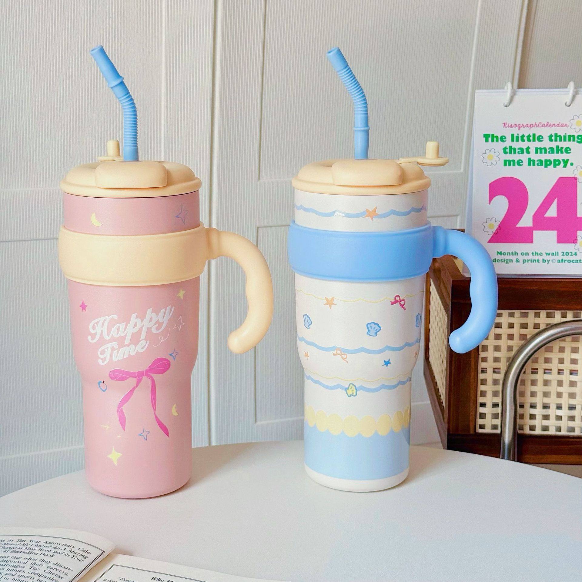 Large-capacity desktop ice cup, high appearance level for girls, double-drinking straw cup, office tea brewing, stainless steel cold water cup Specification drawing