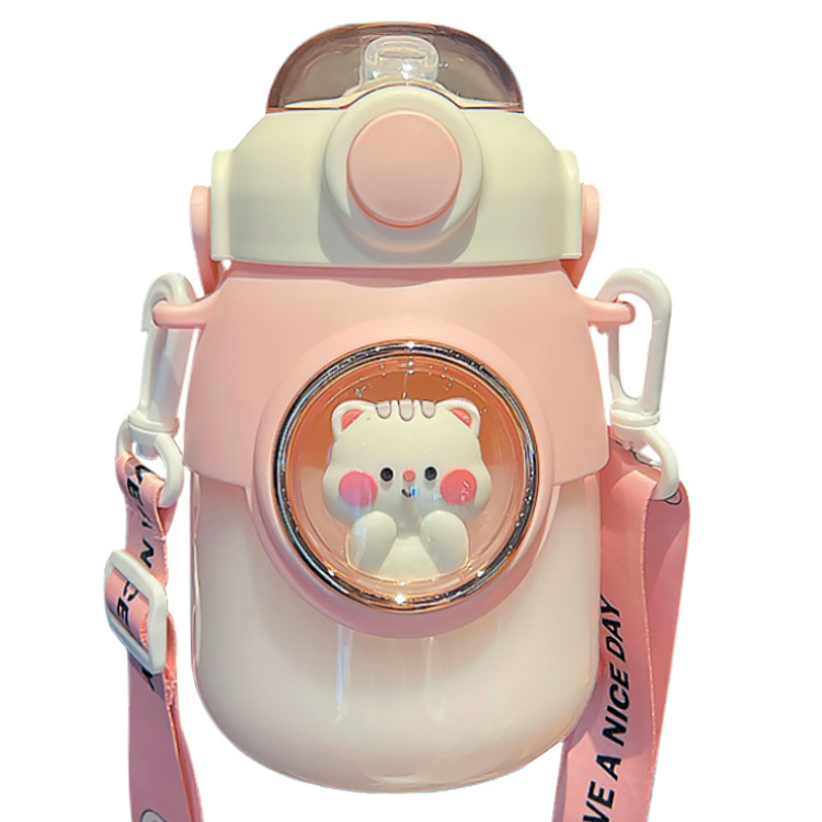 Cute straw cup, high appearance level, universal shoulder strap children's water cup, space capsule plastic cup, large capacity couple water bottle Item Picture