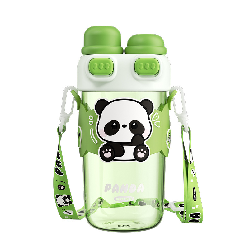 The Panda series double-lid plastic cup comes with a cup rope for easy carrying. It is a cartoon double-drinking lock children's large-capacity water cup Item Picture