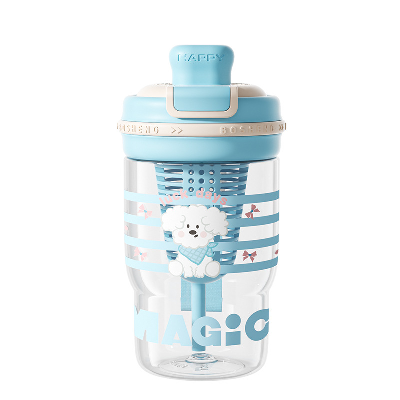 The cartoon green wheat plastic cup is convenient to carry. It features a silk-absorbing printing design and comes with a tea separator. It is a large-capacity double-drinking cup Item Picture