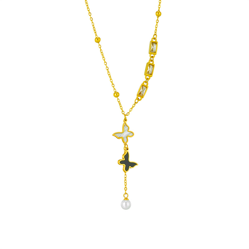 A high-end and light luxury titanium steel collarbone chain featuring a new European and American shell black and white butterfly square zircon tassel necklace Item Picture