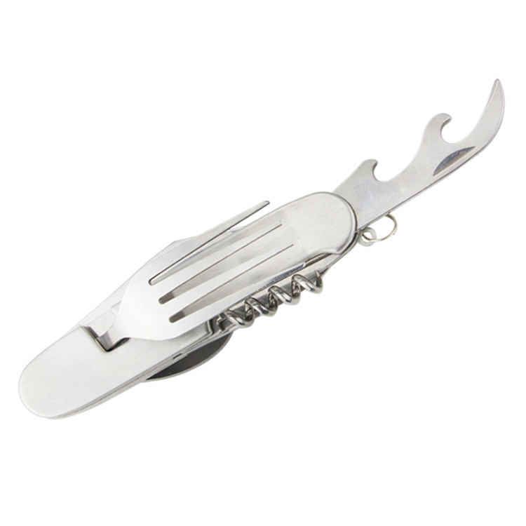 【 Manufacturer 】 Six-panel multi-functional camping tableware with logo printing, outdoor portable folding knife, fork and spoon 124g Application Scenario