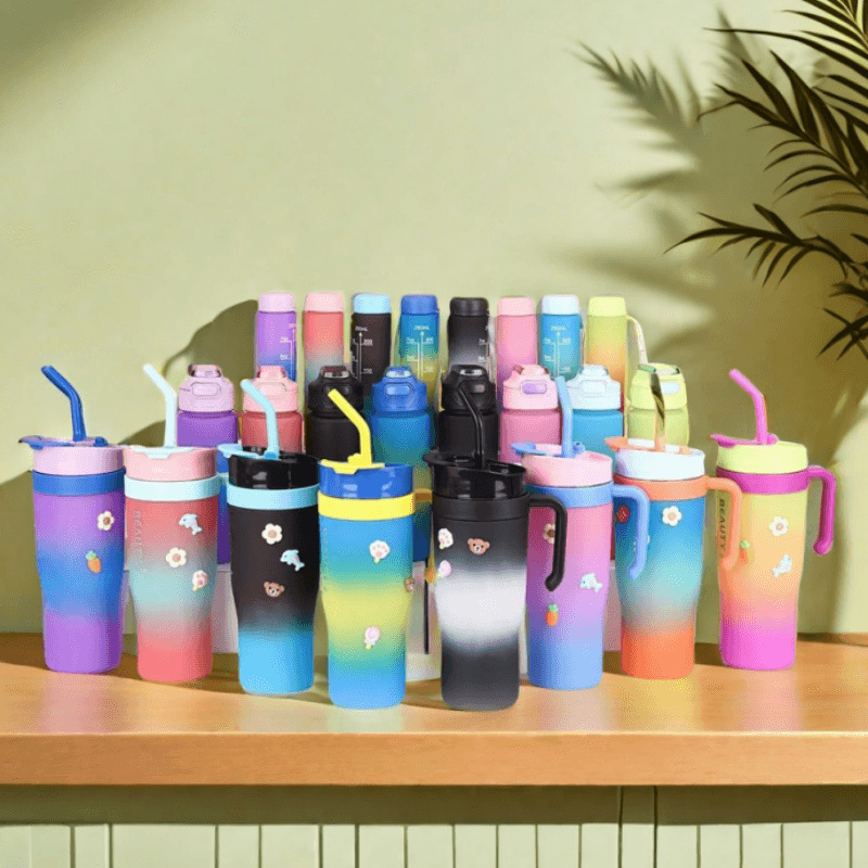 Cross-border gradient ice cube cup three-piece set, high appearance level, 40oz plastic cup, large capacity, portable, hand-held straw water cup full figure