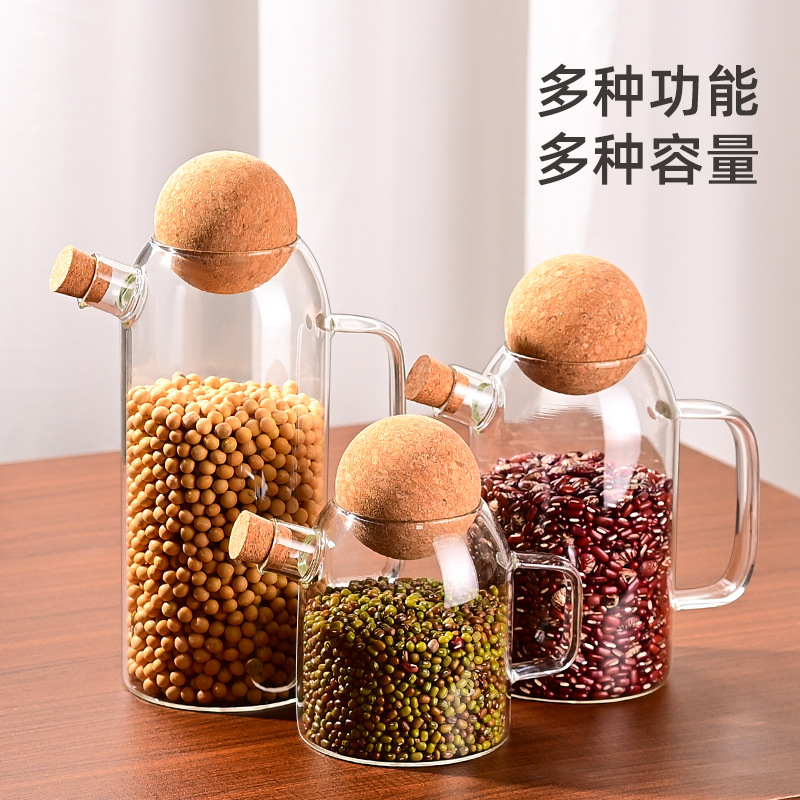 Wholesale of new teapots, storage jars, high borosilicate glass transparent sealed jars, spherical wooden stoppers, cold and heat resistant beverage POTS Specification drawing