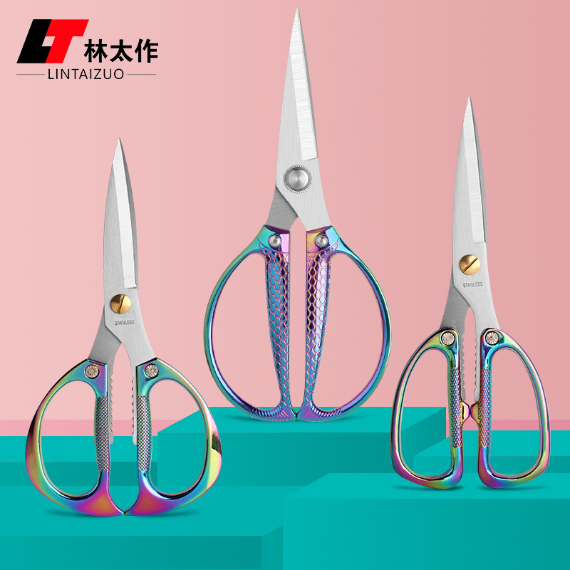 Lin Taizuo stainless steel K82K26 scissors, multi-functional strong alloy scissors, color-plated titanium handle, running around scissors full figure