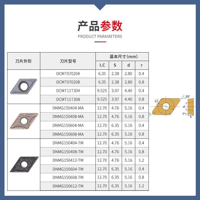 DNMG/DCMT CNC turning inserts, tool grains, tool heads, diamond tungsten steel CNC internal and external cylindrical turning tools, 55° Application Scenario